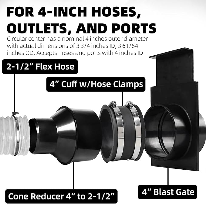 TonGass (Combo Pack) 4" to 2-1/2" Hose Cone Reducer Dust Collection Fitting 4" Flexible Hose Cuff Coupler Blast Gate for Dust Collection Systems with Stainless Steel Clamps