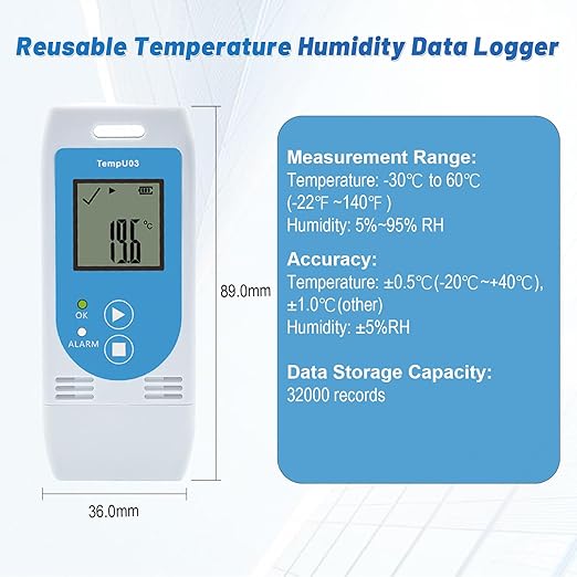 Tzone Reusable Temperature and Humidity Data Logger USB,Temp Recorder Humidity Logger with PDF&CSV Report,Digital Refrigerator Thermometer Hygrometer 32000 Recording for Lab Food Storage,LED Alarm
