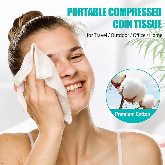 200PCS Compressed Towel Tablets Mini Disposable Compressed Towel Tablets，Bulk Coin Tissues，Disposable and portable face towels suitable for travel, Camping, Sports, Beauty Salons, Home use