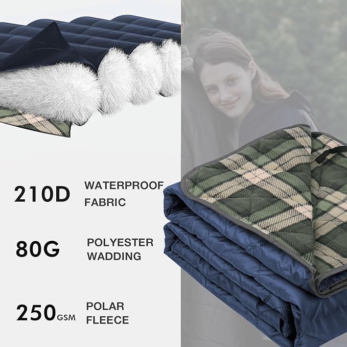 DUKUSEEK Large Outdoor Blanket, Camping Blankets for Cold Weather, Waterproof Windproof Hooded Stadium Blanket 79"x59" Quilted with Extra Thick Fleece, Great for Camping, Picnic, Beach, Car, Dogs