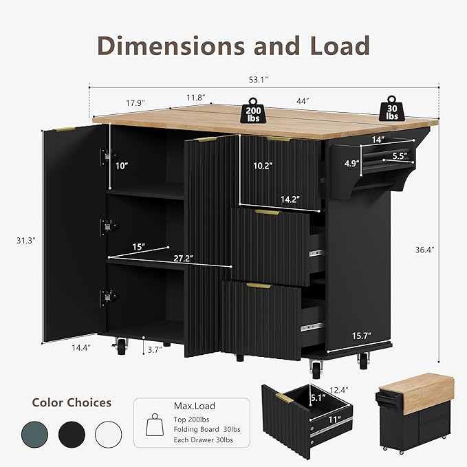 win2win Rolling Kitchen Island with Storage, Portable Kitchen Island with Drop Leaf Breakfast Bar, Modern Farmhouse Kitchens Cart on Wheels with Fluted Design, Towel Rack, Spice Rack, Black