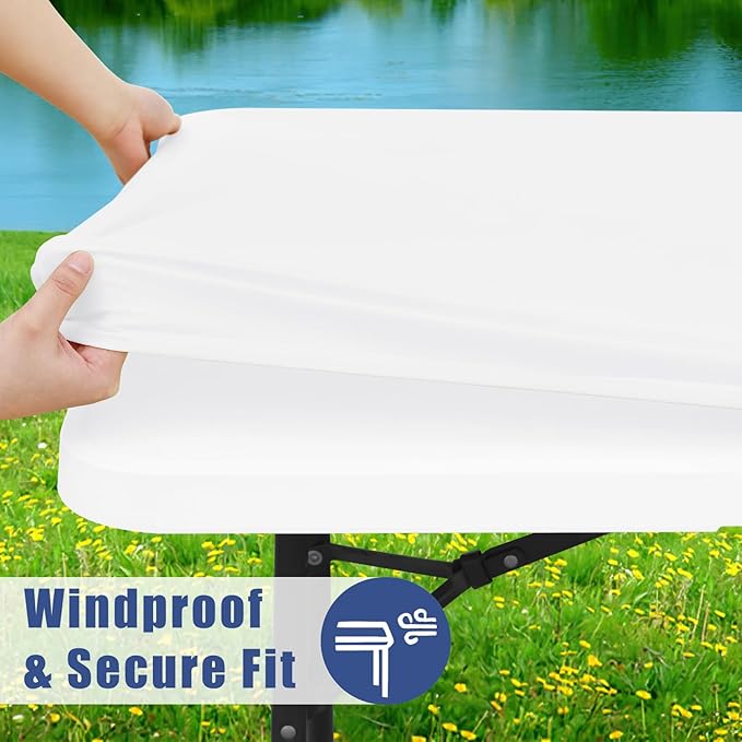 Spandex Picnic Table Cloth 2 Pack, Elastic Fitted Tablecloths for 4 Foot Rectangle Tables, Stretch Washable Patio Table Cover for Outdoor, Camping, Banquet and Parties (White, 30"x48")