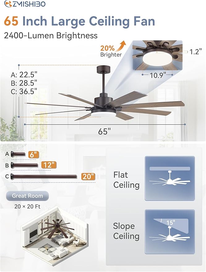 ZMISHIBO 65 Inch Ceiling Fan with Light, Indoor/Outdoor Ceiling Fans with Large LED Panel, Quiet Reversible DC Motor, 6-Speeds, 3CCT, Brown Farmhouse Ceiling Fan for Patio, Livingroom, Bedroom