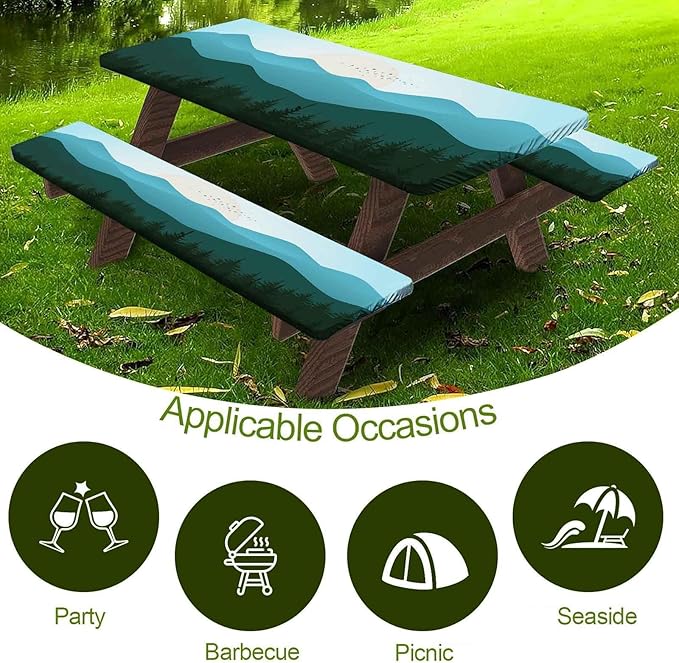 CAPSCEOLL Elastic Picnic Table Cover with Bench Covers 5Ft Waterproof Fitted Picnic Table Cover Cloths for Outdoors Camping Tablecloth with Drawstring Bag, 60X30in, Green Mountain