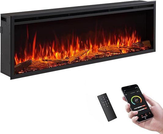 LegendFlame 60" W Smart Wall Mount & in Wall Recessed Electric Fireplace Insert, Heater 750W/1500W, Multi Colors of Flame & Fuel Bed, Alexa/Google Assistant Enabled