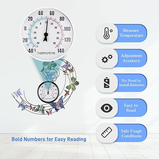 Butterfly Outdoor Thermometer, Metal Outdoor Wall Thermometer No Need Battery, Indoor Outdoor Thermometer Large Wall Art Decor for Patio, Garden, Living Room