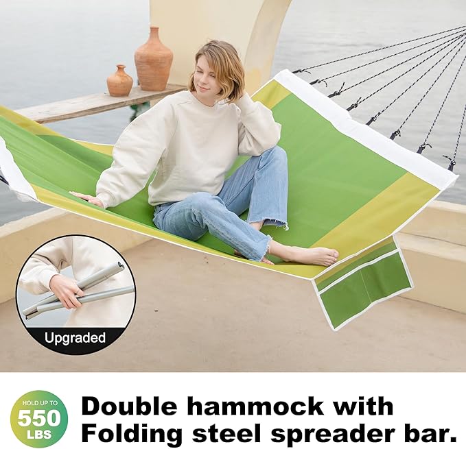 14ft Two Person Outdoor Hammock, Portable Camping with Folding Steel Spreader Bar, Carrying Bag, Carabiners, Tree Straps, Pillows, Quick Dry Textilene Fabric, 550 lbs Capacity (Jungle Green)
