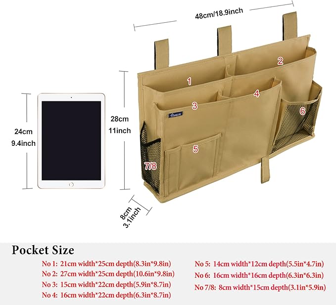 Surblue Bedside Caddy Hanging Bed Organizer Storage Bag Pocket for Bunk and Hospital Beds, College Dorm Rooms Baby Bed Rails,Camp 8 Pockets (Khaki)