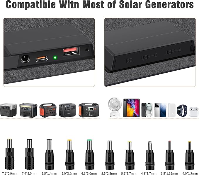 N-Type 16BB 60W Portable Solar Panels NextGen Foldable Solar Panel Charger Kit 25% Efficiency with DC USB-C USB-A Output ETFE IP68 Waterproof Solar Panel for Travel Outdoor Camping RV Trip