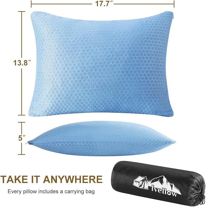 Ivellow Travel Pillow Cooling Camping Pillow for Sleeping Compressible Shredded Memory Foam Pillow Compact Firm Supportive Pillow for Adults Kids Outdoor Backpacking Hiking Essential Gear Blue M