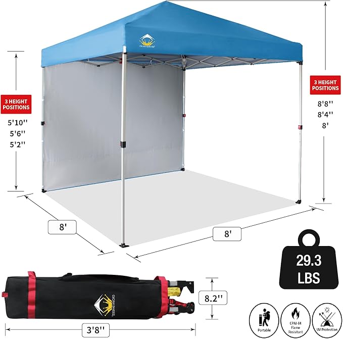 CROWN SHADES 8x8 Pop Up Canopy with 1 Side Wall - Beach Tent with One Push Setup - Outdoor Sun Shade for Events, Parties, Camping - Gazebo with STO-N-Go Cover Bag (Sky Blue)