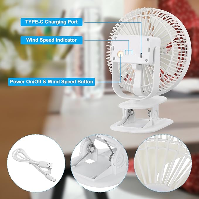 PATIKIL Portable Desk Fan, Camping Fan 6 Inch with LED light 3 Speeds Strong Airflow Sturdy Clip Quiet USB Cord Powered for Tent Camping, Home and Office, White