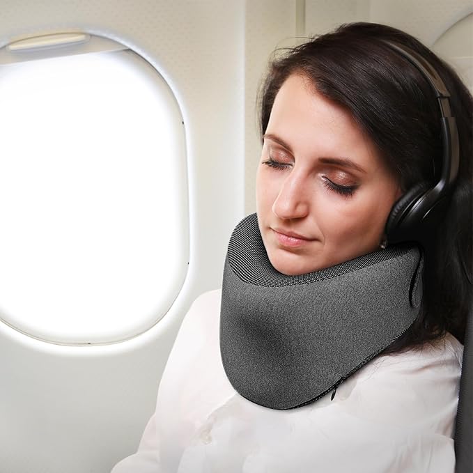Patented Chin Support Travel Pillow for Sleeping，Innovative Travel Neck Pillows for Airplanes, 100% Pure Memory Foam Airplane Pillow for Long Flight - Dark Grey
