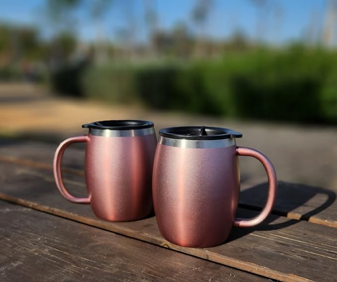 Stainless Steel Insulated Coffee Mugs Set of 2 (14 oz) – Double Wall Coffee Cups with Spill-Resistant Lid and Strong Handle, Shatterproof Cups for Cold Drinks & Hot Beverages - Rose Gold