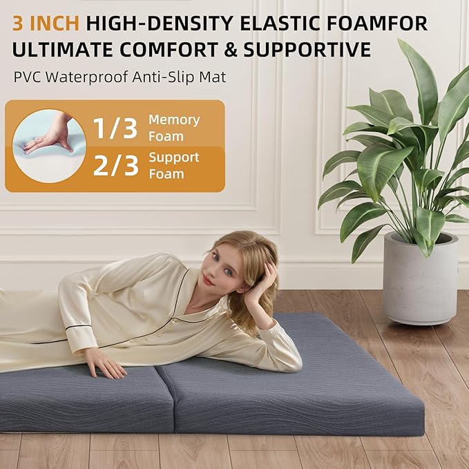 Memory Foam Camping Mattress Pad, 3 Inch Thick Waterproof Foldable Sofa Bed Floor Mattress, Portable Sleeping Pad for Adult, Sleeping Mat for Travel RV Camping Guest Yoga
