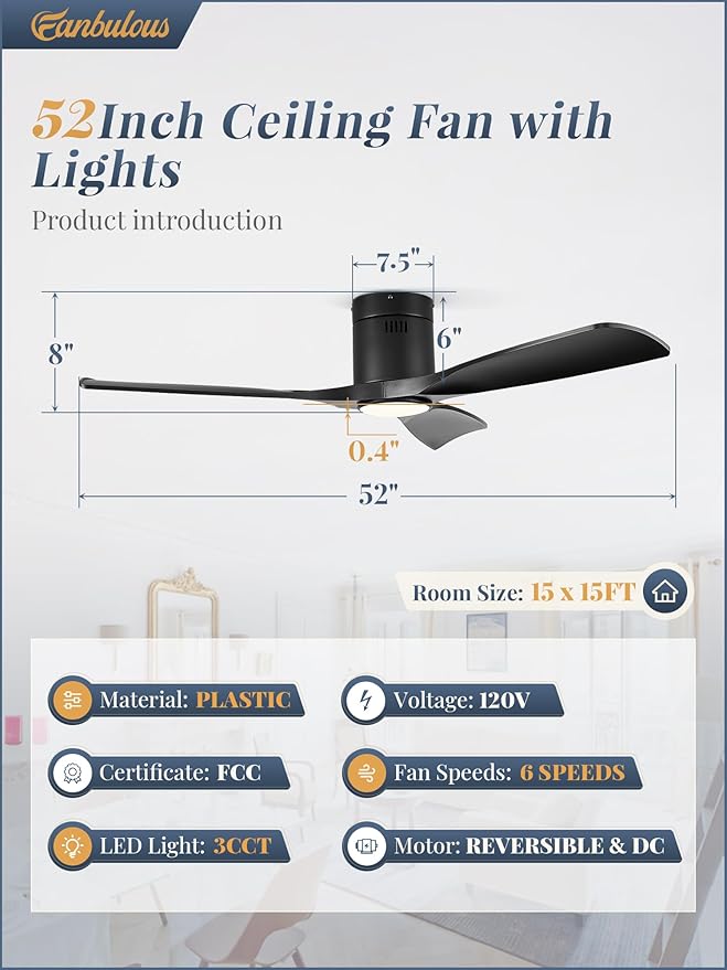 52" Ceiling Fans with Lights and Remote Control,Modern Flush Mount Ceiling Fan with 3 LED Colors,Outdoor Low Profile Ceiling Fans with 6-Speeds Timer DC Motor for Bedroom Living Room Patio