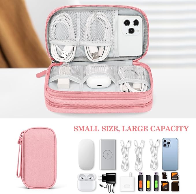 FYY Electronic Organizer, Travel Bag, Pouch, Carry Case Portable Waterproof Double Layers for Cable, Cord, Charger, Phone, Earphone Pink