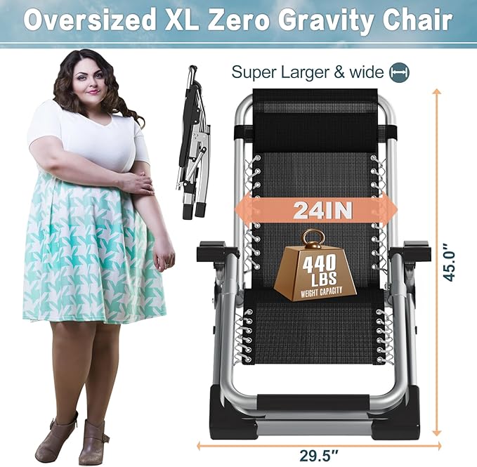 ABORON Oversized Zero Gravity Chair,29In XL Premium Outdoor Lawn Folding Lounge Chairs,Sturdy Adjustable Reclining Patio Chairs with Removable Cushion,Headrest & Tray