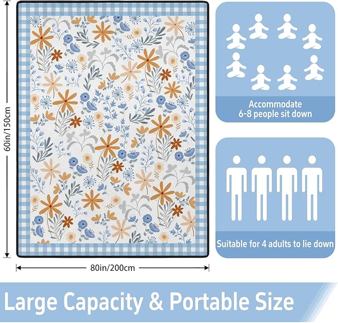 Extra Large Picnic Outdoor Blanket 60''x80'' Teal Blue Tribal Stripes Waterproof and Sandproof Picnic Mat for Beach Foldable Camping Accessories for Grass Lawn Park