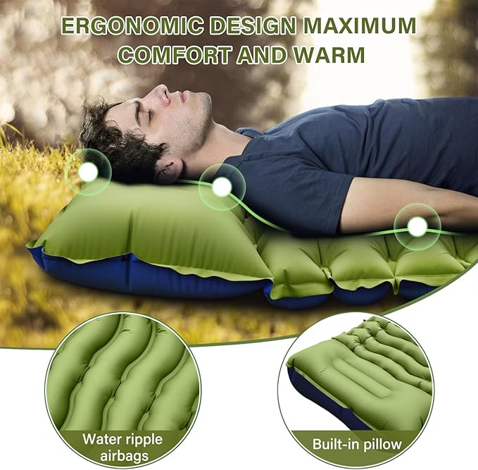 Camping Sleeping Pad, Ultralight Camping Mat with Pillow, Built-in Foot Pump Inflatable Sleeping Pads Compact for Camping Backpacking Hiking Traveling Tent,Single,Green.