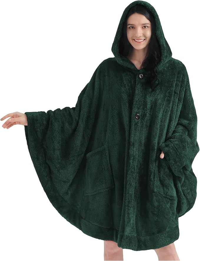PAVILIA Angel Wrap Hooded Blanket Poncho, Wearable Blanket Throw Wrap Poncho for Women Adult, Cozy Fluffy Sherpa Fleece Shawl Cape with Hood pockets, Warm Gift for Mom Wife, Emerald Green