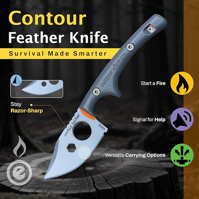 Contour Feather Survival and Culinary Knives – VG10 Steel Fixed Blade with Fire Starter, Hex Driver, Knife Sharpener, Sheath & Built in Whistle - Built For Camping & Outdoor Adventure