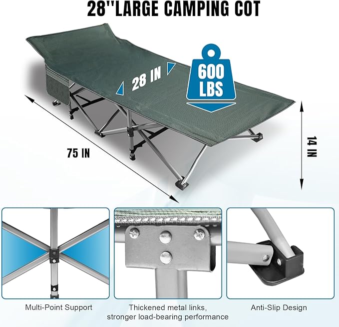 YELLOW JACKET Camping Cots for Adults, Folding Cot with Mattress 600lbs Max Load, Sleeping Cot with Carry Bag, 28" Wide Portable Folding Cots for Camping Home Office Nap Beach Travel