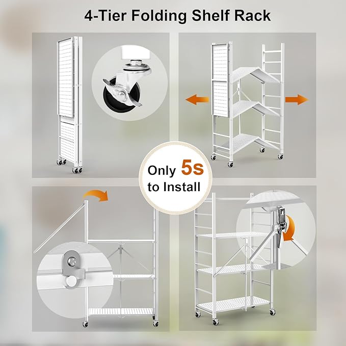 Himix Storage Shelves with 20 Hooks, 4-Tier Foldable Shelves for Storage, Folding Shelf Unit Pantry Shelves with Wheels, Metal Shelving Storage Rack Shelf for Kitchen Garage Home, White - No Assembly