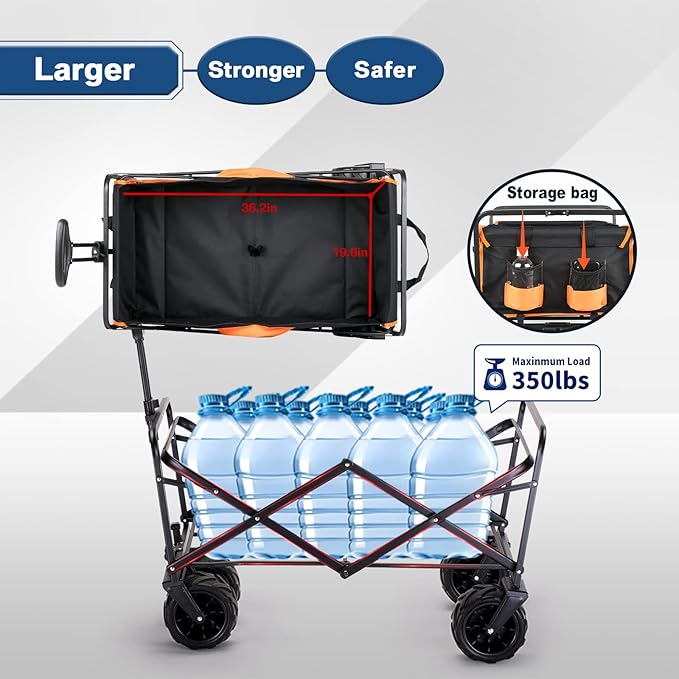 EchoSmile Heavy Duty 350 Lbs Capacity Collapsible Wagon, Outdoor Folding Camping Wagons, Grocery Portable Utility Cart, Adjustable Rolling Carts, All Terrain Sports Wagon with Big Wheels by Boahaus