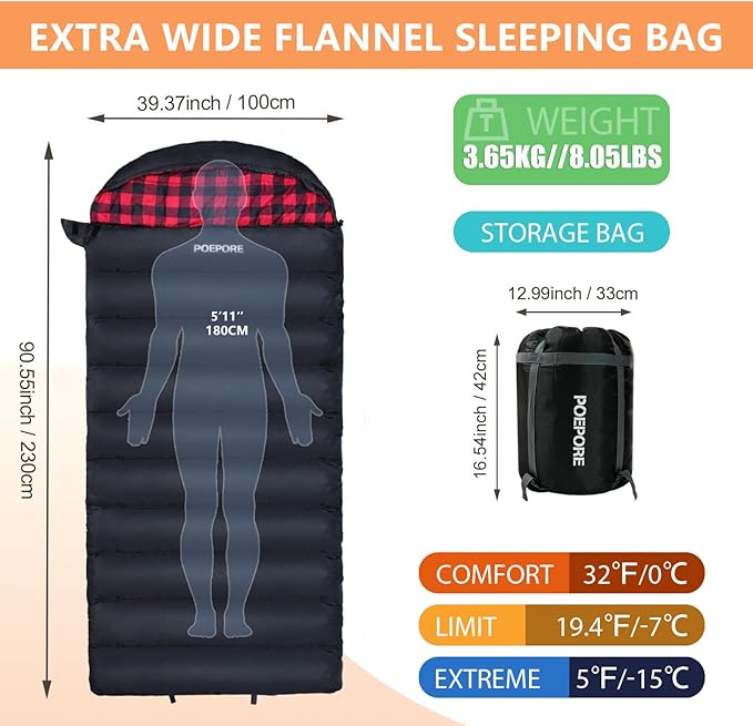 0 Degree Sleeping Bag 100% Cotton Flannel XXL Cold Weather Winter Oversized Sleeping Bag for Adults Camping Zero Degree Big and Tall with Compression Sack