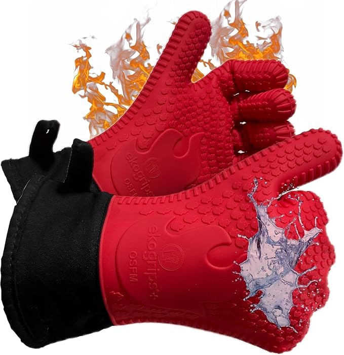 Ekogrips Plus Oven Gloves with Fingers, Comfy Waterproof Silicone Oven Mitts Heat Resistant with Long Cuff, Insulated BBQ Gloves Perfect for Grilling, Baking, Smoker, Canning, and Pizza, Red, OSFM
