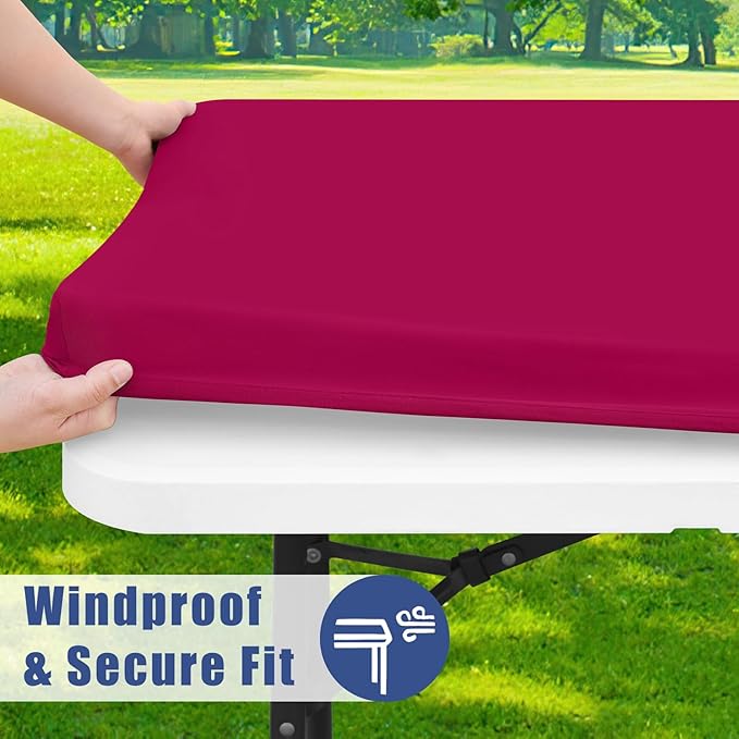 Spandex Picnic Table Cloth 2 Pack, Elastic Fitted Tablecloths for 6 Foot Rectangle Tables, Stretch Washable Patio Table Cover for Outdoor, Camping, Banquet and Parties (Fuchsia, 30"x72")