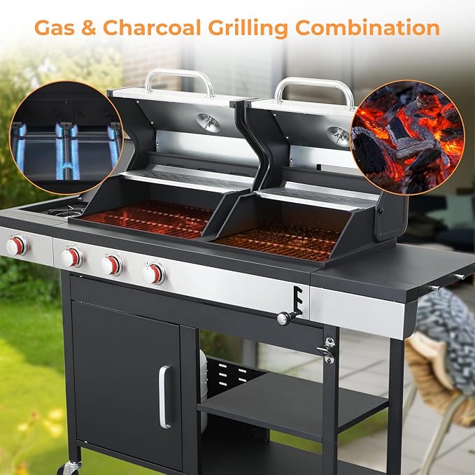 Gas and Charcoal Grill Combo with Side Burner, Dual-sided Frying Plate, Thermometer, Wheels, Side Table, 37,230BTU Gas Grill for Patio, Garden