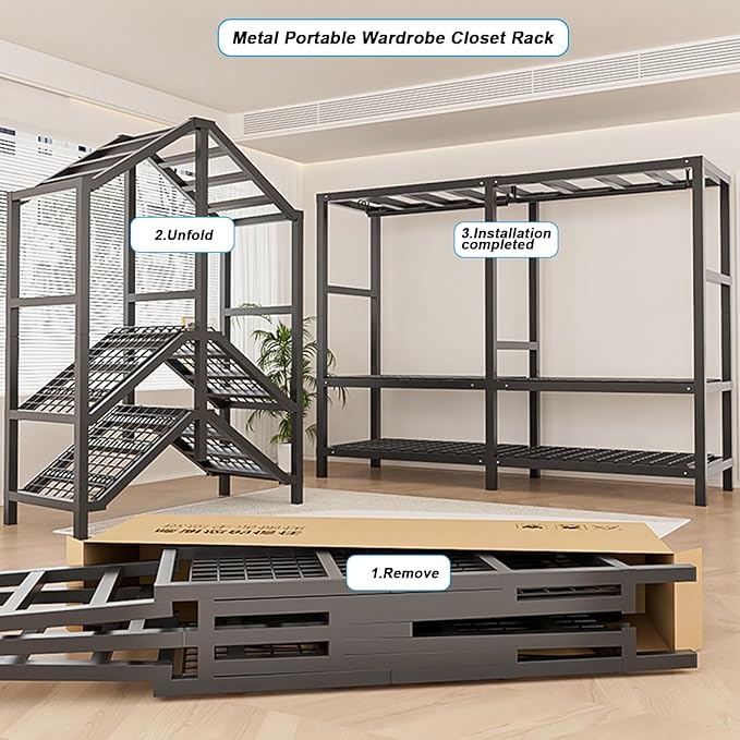 FPIGSHS Heavy Duty Clothes Rack with Magnetic Door 2000LBS Foldable Portable Wardrobe Closet for Hanging Clothing Rolling Garment Rack on Wheels for Bedroom Closet System (C(Pattern Door, 71in)