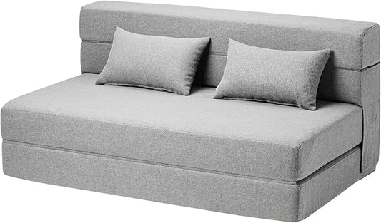 Folding Sofa Bed with Pillows- Convertible Chair Floor Couch & Sleeping Mattress, Foldable Memory Foam Sleeper for Living Room/Dorm/Guest Room/Home Office/Apartment/Loft, Full, Light Gray