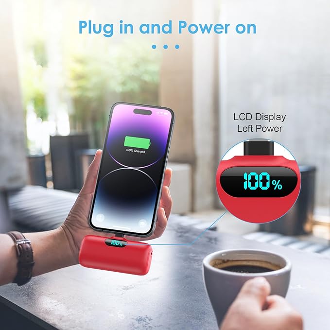 Mini Portable Charger USB C Power Bank,Upgraded 5000mAh PD Fast Charging Battery Pack Built-in USB-C Connector,LCD Display,Compatible with iPhone16,16 Plus,16Pro/Max/15,iPad Pro/Air,Android Phone etc