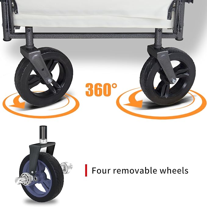 TMZ Foldable Wagon with Canopy, Collapsible Folding Wagon with Adjustable Handle Bar, Multi Functional Cart with Expansion Accessories, Front Expandable Transport Camping Wagon(Beige)