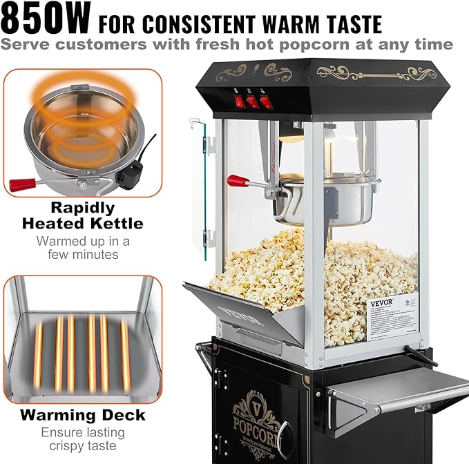 VEVOR Popcorn Maker with Cart, 850W Popcorn Popper Machine, 8 Oz Kettle Makes 48 Cups per Batch, Popcorn Maker Equipped with Tempered Glass, Includes 4 Scoops, Movie Theater Style, Black