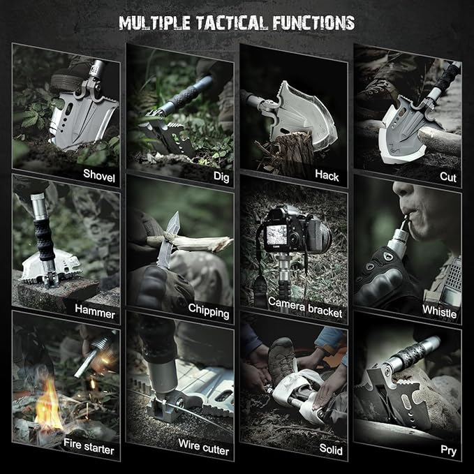 Zune Lotoo Survival Shovel Multitool 28 in 1 Luxury Kit, Tactical Camping Folding Shovel, Unbreakable Martensitic Steel Adjustable 7 Angles 24-35.4'' Length, Compact Gear for Outdoor Hiking Emergency