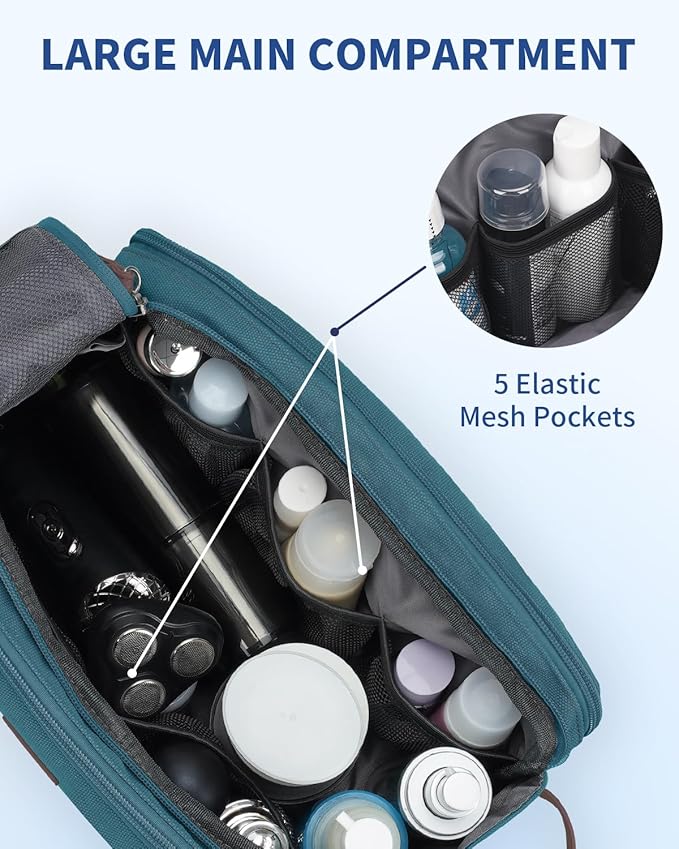 WANDF Toiletry Bag for Men Travel Toiletry Organizer Canvas and Leather Dopp Kit Water-Resistant Shaving Bag for Travel Accessories (Blue-Green, Large)