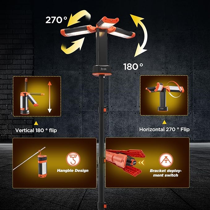 MENDED Portable Camping Light with Tripod Stand 73.2inch Rechargeable Cordless Work Light with 3 LED Lamp Heads for Outdoor Work, Power Outages, Fishing (Orange)