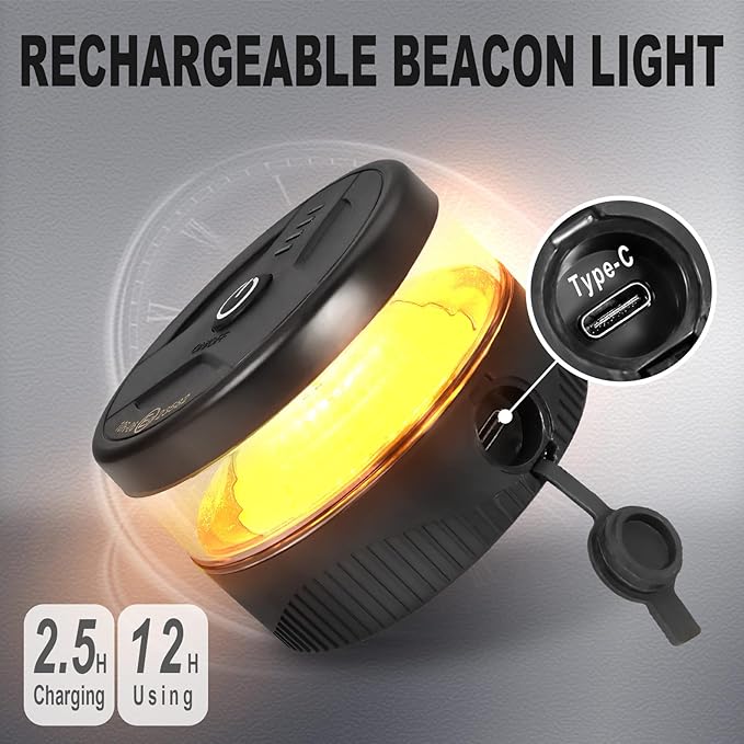 Agrieyes USB-C Wireless Beacon Light, 32 LED Rechargeable Strobe Lights with Magnetic, Mini Amber Flashing Warning Emergency Safety Lights for Trucks Vehicles Tractor, Portable Waterproof