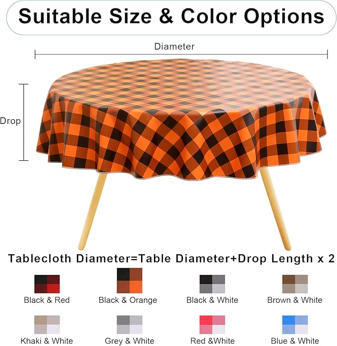 misaya Round Waterproof Vinyl Table Cloth, Buffalo Flannel Backed Tablecloth, Wipeable Plastic Table Cover for Dinner, Kitchen, Picnic (60", Orange and Black)