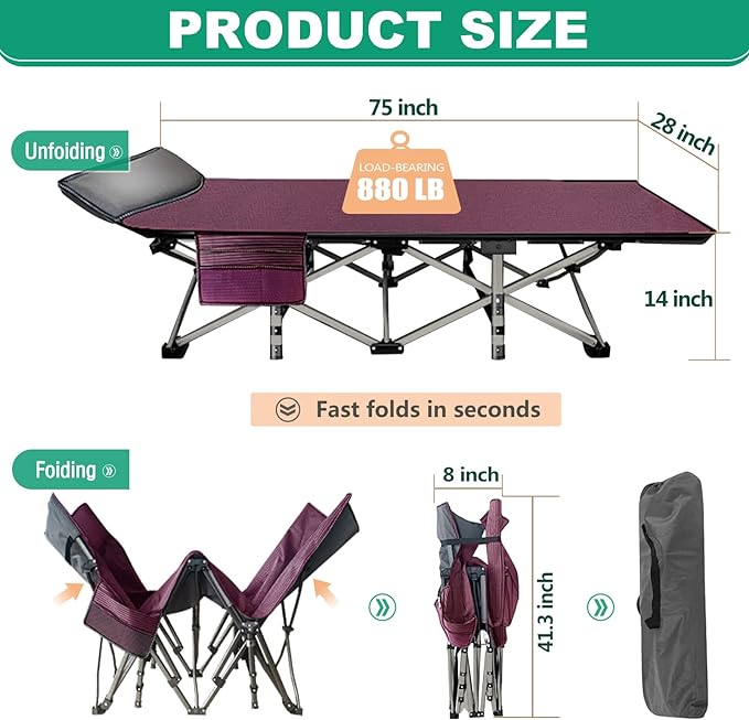 LILYPELLE Folding Camping Cot, Extra Wide Heavy Duty Sleeping Cots with Carry Bag, Double Layer Oxford Portable Travel Camp Cots for Home, Office Nap and Outdoor Beach