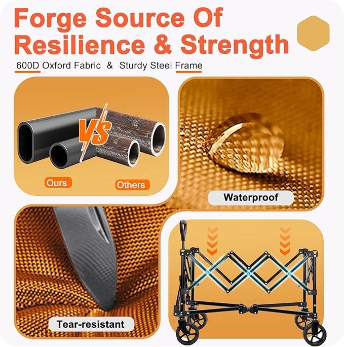 Collapsible Wagon Cart with Wheels, Heavy DutyFoldable Wagon Cart with 230lbs Weight Capacity, UtilityBeach Wagons Portable for Outdoor, Grocery, Camping,Shopping, Orange