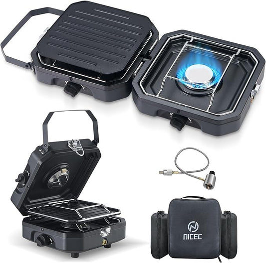 Nice C Camping Stove, Camping Stove Propane, 2 Burner Propane Camping Stove with Grill, Camp Stove, Portable Stove, 16,000 BTU Camp Stove with 2 Burner, Grill & Carry Bag for Camping