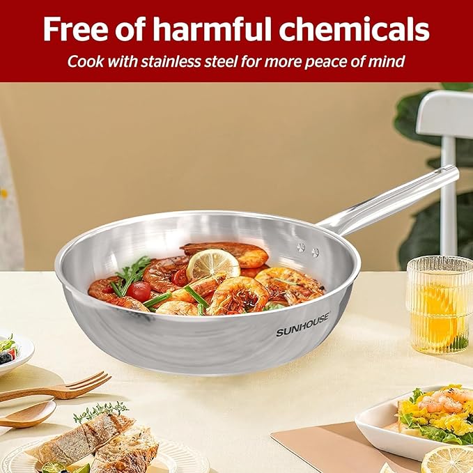 Sunhouse 18/10 8 Inch Stainless Steel Frying Pan, Whole-Clad No Coatings Skillet with Stay-cool Handle for Cooking, Durable & Oven Safe to 500°F, Dishwasher Safe, Compatible with All Cooktops