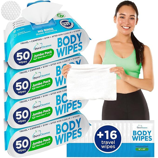 XL Body Wipes - (4 Pack) 200 Shower Wipes + 16 Travel Bath Sheets - 9" x 12" Thick Cleansing Waterless Washcloths - No Rinse Disposable Adult Wash Cloths for Elderly Incontinence, Camping Essentials