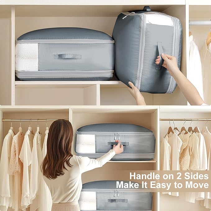 Comforter Storage Bag - Large Capacity Blanket Storage Bags 3-Layer Ultra Space Saving Self Compression Organizer, Washable Compression Bags for Storage Comforter Blanket, 2-Pack, Grey