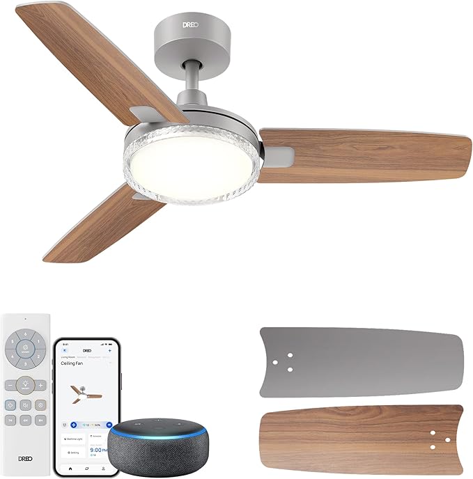 Dreo Smart Ceiling Fans with Lights, 42 Inch Grey Ceiling Fan, 12 Speeds & 3 Fan Modes, Stepless Color Tones, Dimmable LED Light, 1-12H Timer, Quiet DC Motor, Remote/APP/Alexa/Wall Switch Control